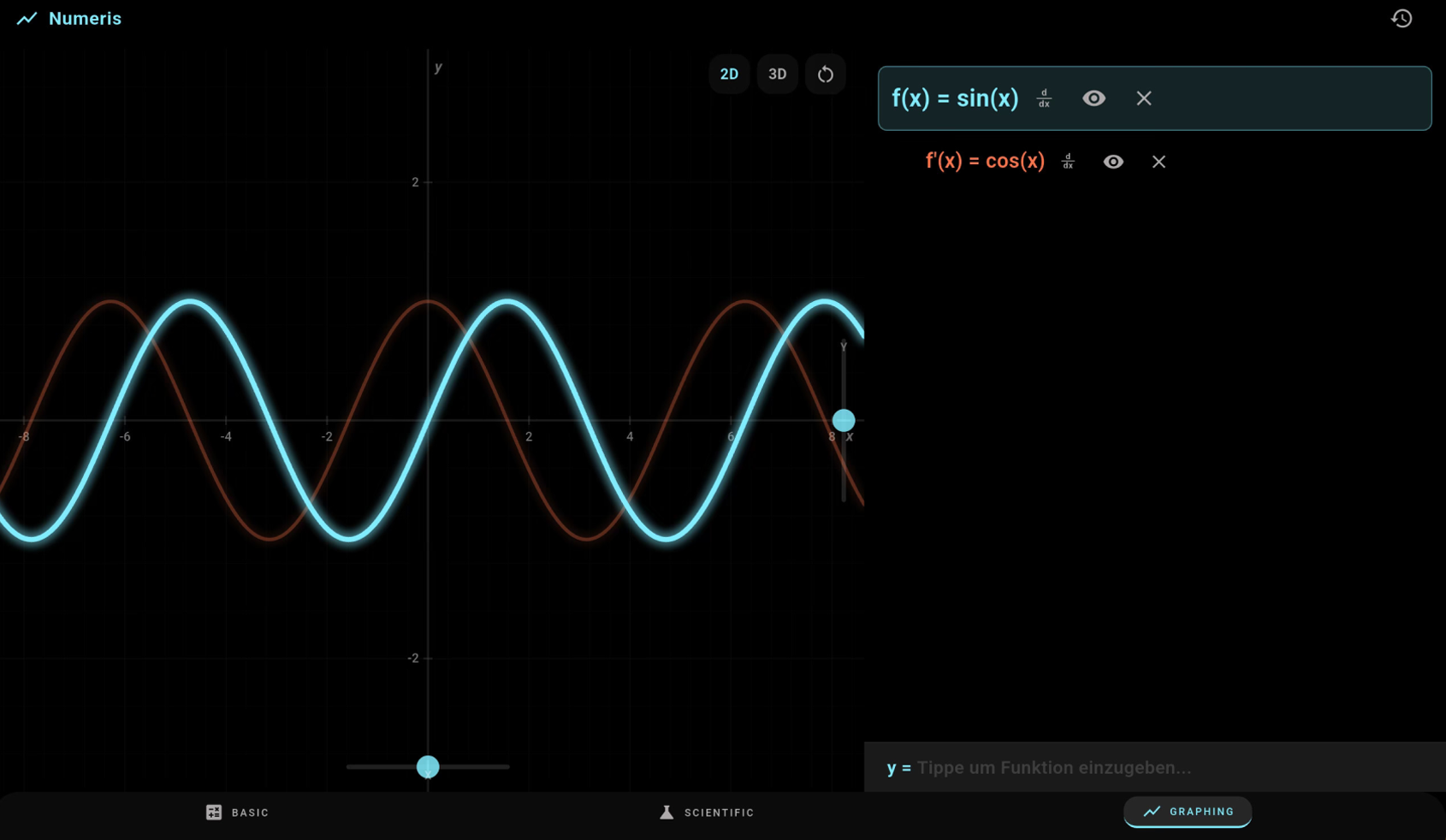 Numeris — Graphing-Modus mit Funktion und Ableitung